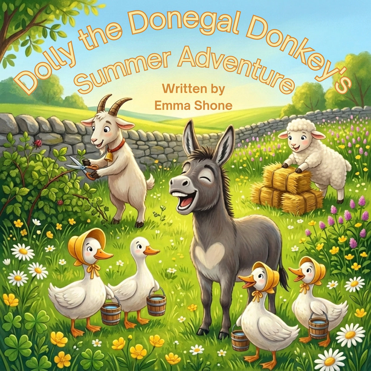 Illustrated children's book cover titled "Dolly the Donegal Donkey's Summer Adventure" with the text "Written by Emma Shone," showing a cartoon donkey, goat, sheep, and ducks in a sunny grassy field.